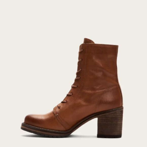 Frye Karen Cognac Leather Combat Lace Up Combat Wood Block Heel Ankle Boots - Picture 3 of 16